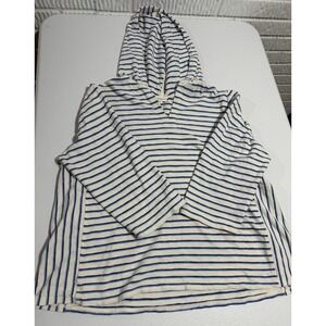 J. Jill White Blue Stripe Hoodie XL Petite 100% Cotton Terry Cloth 3/4 Sleeve